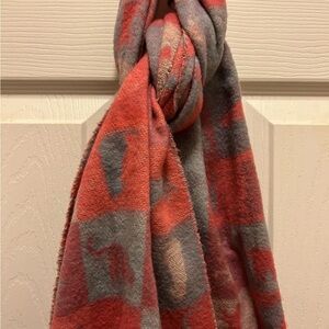 Cashcryl Acrylic Ladies Fringe Scarf Cat Motif Red & Gray EUC!